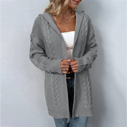 Cardigans Kniting Plain Hoods Twist Long Sleeves for Women