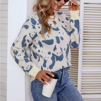 Ladies Sweaters Kniting Round Collar Pullover Bicolor Cows Printed Long Sleeve