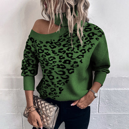 Ladies Sweaters Kniting Round Collar Pullover Leopard Off Shoulder