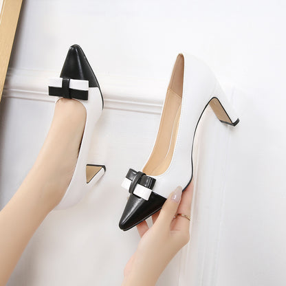 Ladies Bicolor Bow Tie Pointed Toe Shallow Chunky Heel Pumps