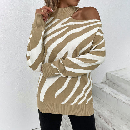 Ladies Sweaters Kniting High Collar Pullover Bicolor Tiger Off Shoulder Long Sleeve