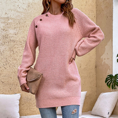 Ladies Sweaters Kniting Round Collar Pullover Long Buttons Skirts