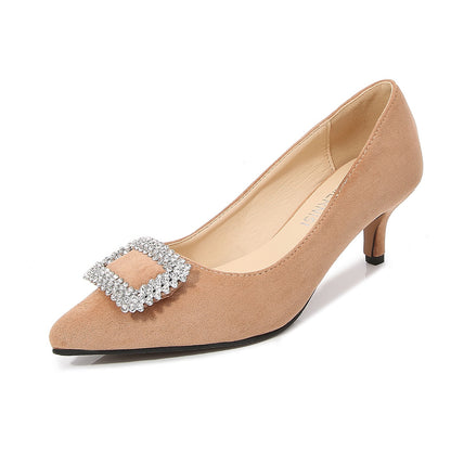 Ladies Pointed Toe Rhinestone Square Buckles Shallow Kitten Heel Pumps