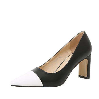 Ladies Bicolor Pointed Toe Shallow Chunky Heel Pumps