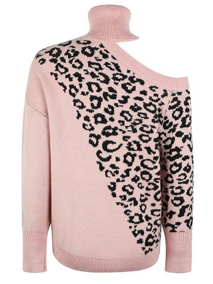 Ladies Sweaters Kniting Round Collar Pullover Leopard Off Shoulder