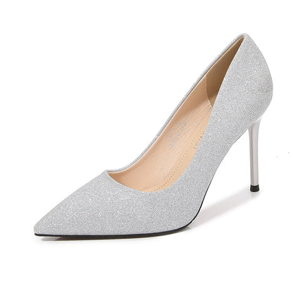 Ladies Sequins Pointed Toe Shallow Stiletto Heel Pumps