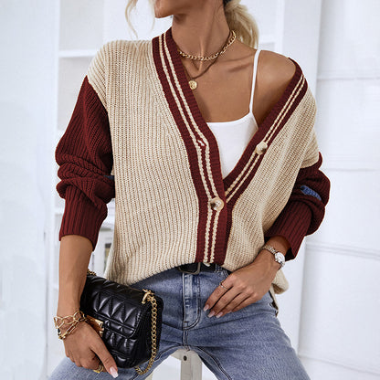 Cardigans Kniting Bicolor Stripes Buttons for Women