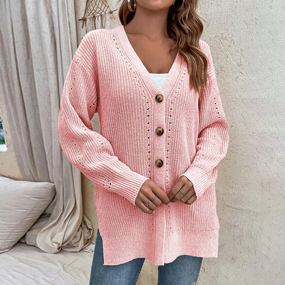 Cardigans Kniting Plain Cuts Buttons Long Sleeves for Women