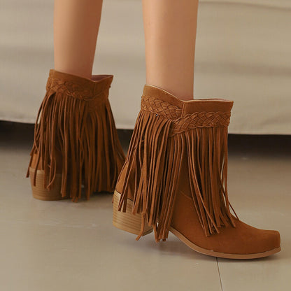 Women's Tassel Block Heel Short Boots