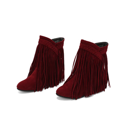 Women's Tassel Round Toe Wedge Heel Short Boots