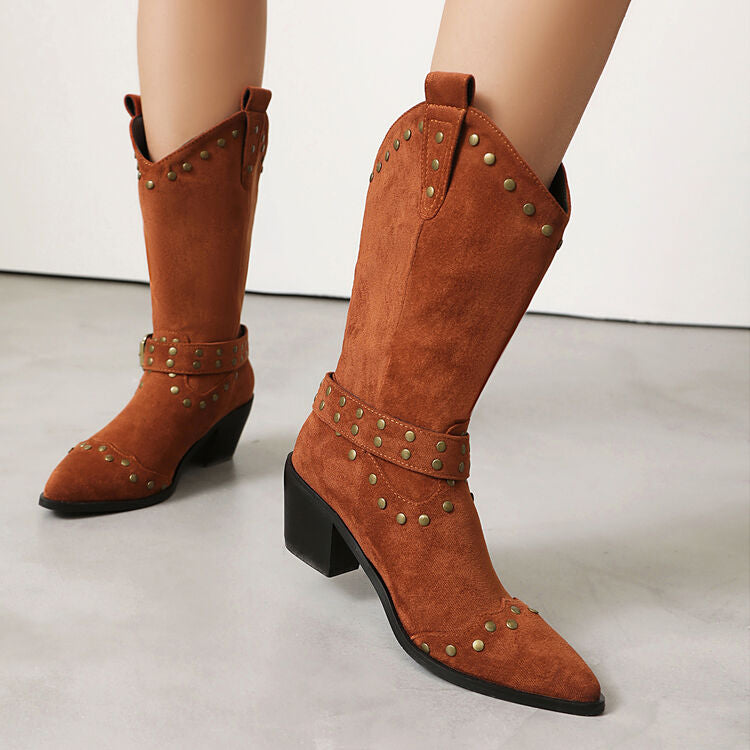 Women's Rivets Pointed Toe Square Heel Mid Calf Western Boots