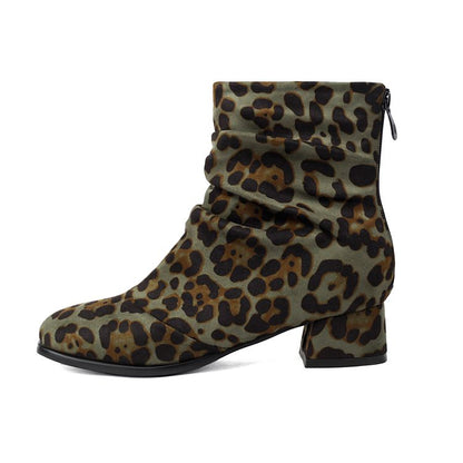 Women'S Leopard Print Round Toe Block Heel Ankle Boots