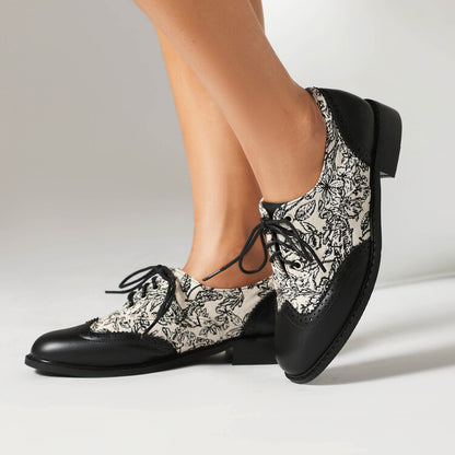 Women's Printed Lace-Up Round Toe Low Heel Oxfords Brogues Shoes