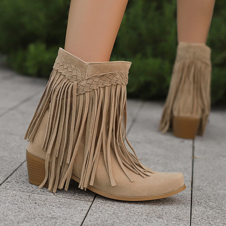 Women's Tassel Block Heel Short Boots