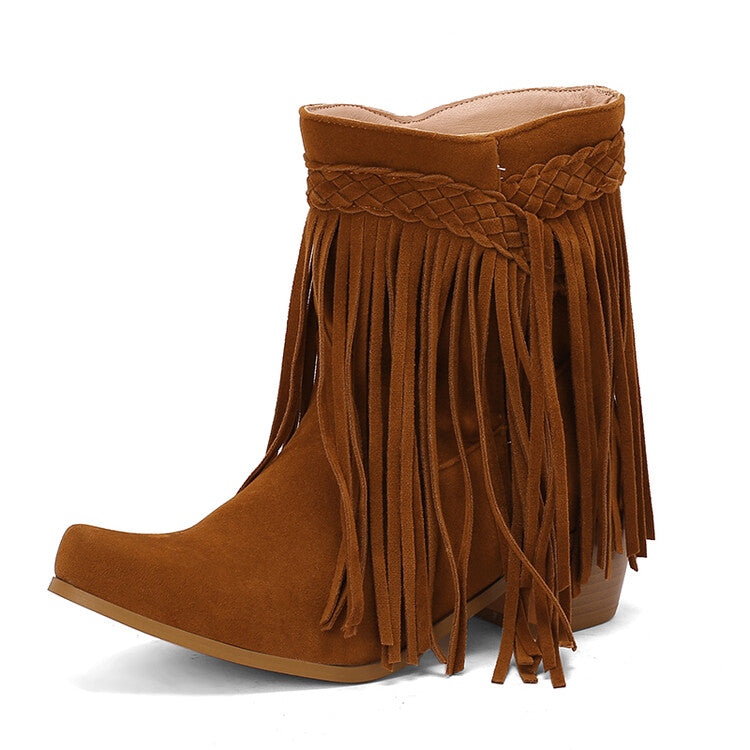 Women's Tassel Block Heel Short Boots