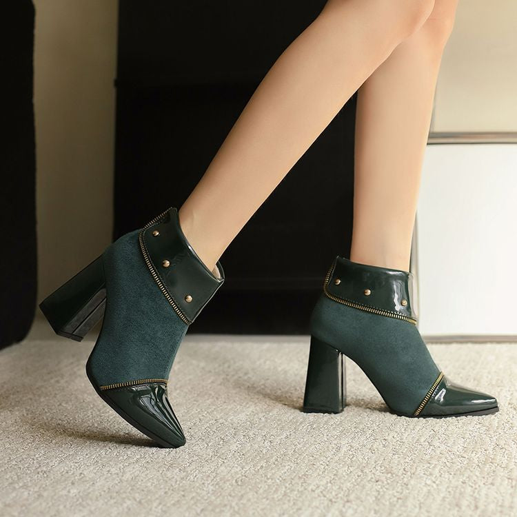 Women's Glossy Rivets Pointed Toe Block Heel Ankle Boots