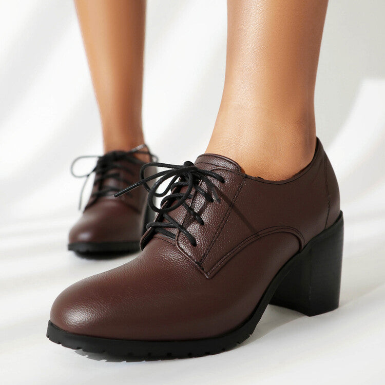 Women's Round Toe Square High Heel Lace Up Derby Shoes