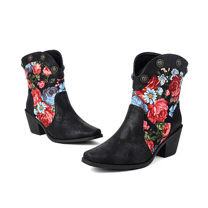 Women's Flowers Pattern Pointed Toe Block Heel Western Boots