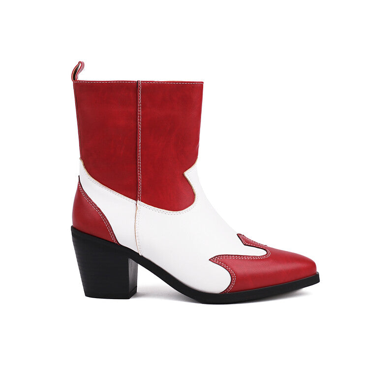 Women's Patchwork Pointed Toe Block Heel Western Boots