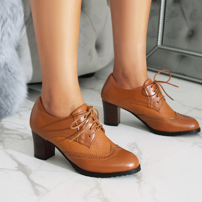 Women's Lace-Up Round Toe Block Heel Brogue Shoes