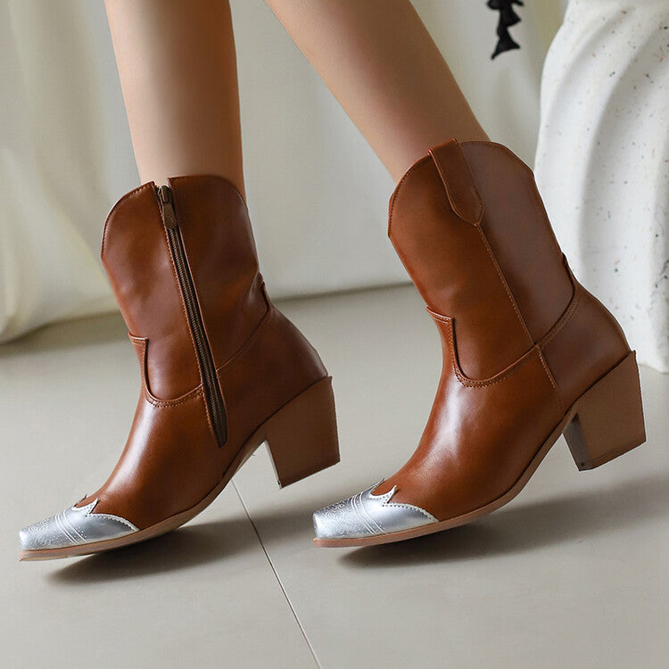 Women's Glossy Sequins Square Toe Block Heel Short Western Boots