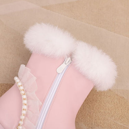 Women's Beads Round Toe Block Heel Platform Short Boots