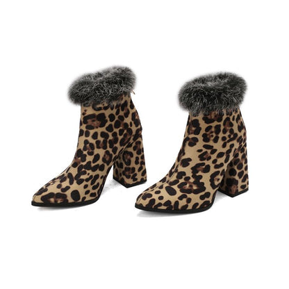 Women's Leopard Print Pointed Toe Block Heel Short Boots