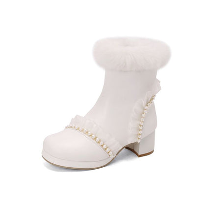 Women's Beads Round Toe Block Heel Platform Short Boots