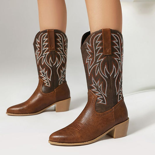 Women's Embroider Pointed Toe Low Heel Mid Calf Western Boots