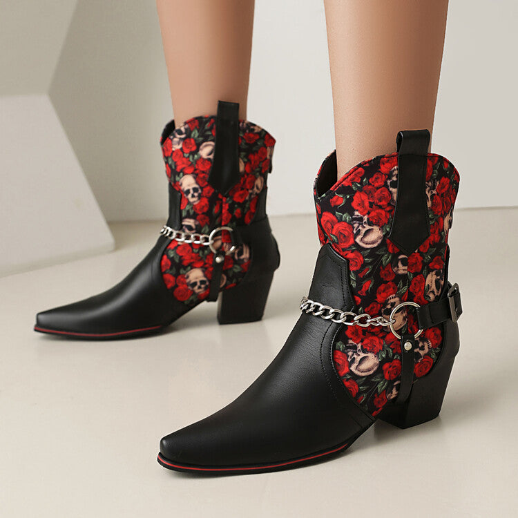 Women's Flowers Chains Pointed Toe Block Heel Short Western Boots