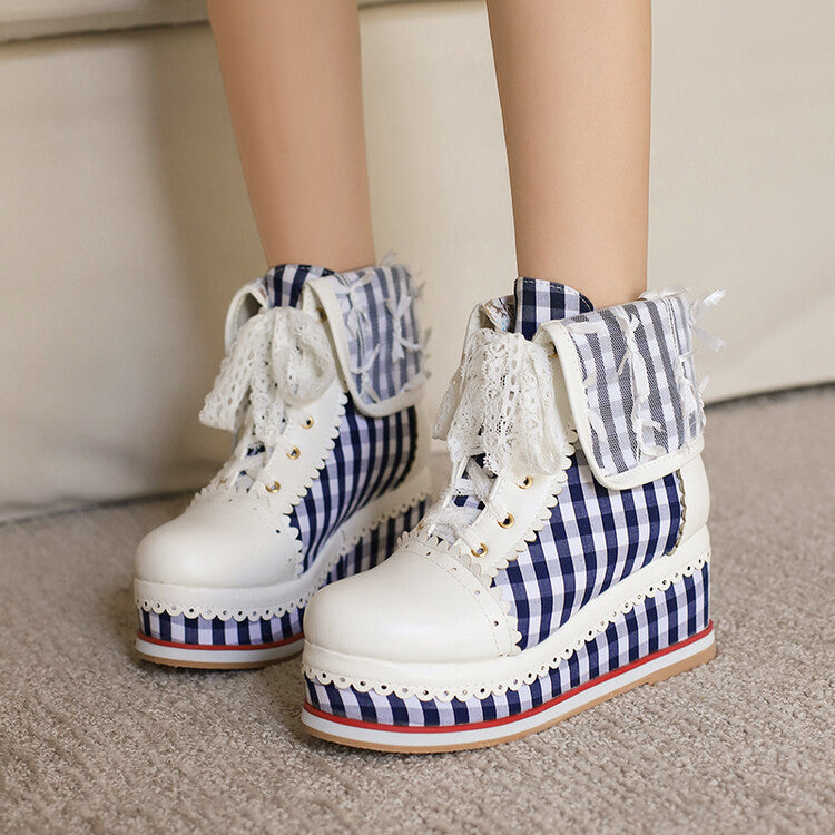 Women's Patchwork Lace-Up Round Toe Wedge Platform Short Boots