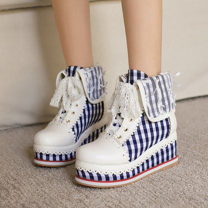 Women's Patchwork Lace-Up Round Toe Wedge Platform Short Boots