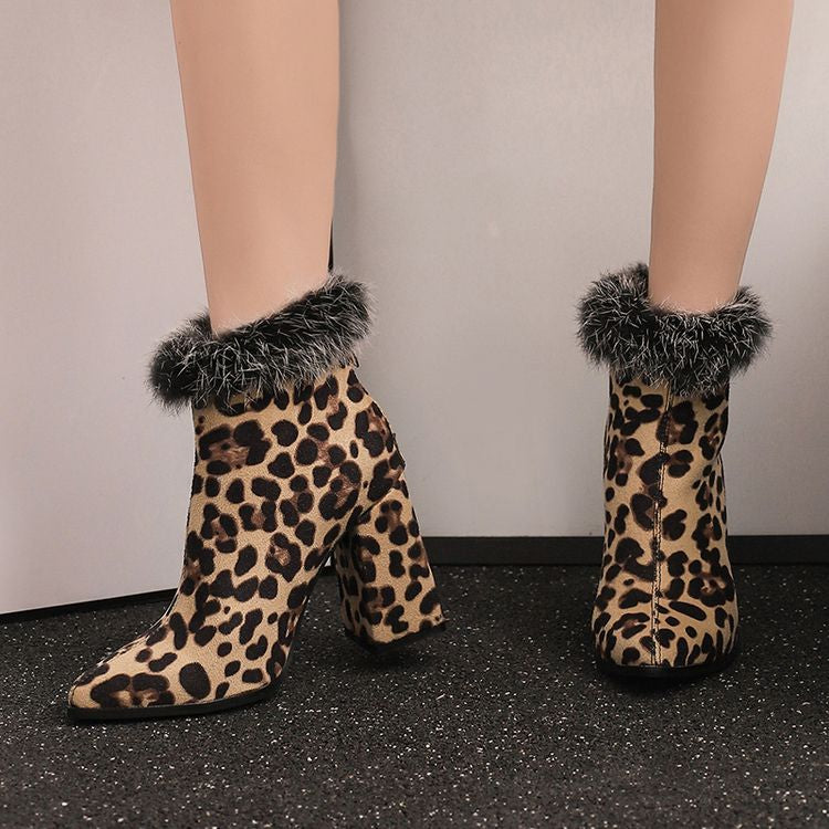 Women's Leopard Print Pointed Toe Block Heel Short Boots