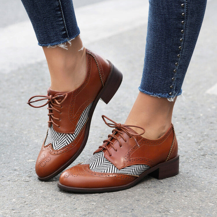 Women's Lace Up Color Matching Brogues Low Heel Derby Shoes