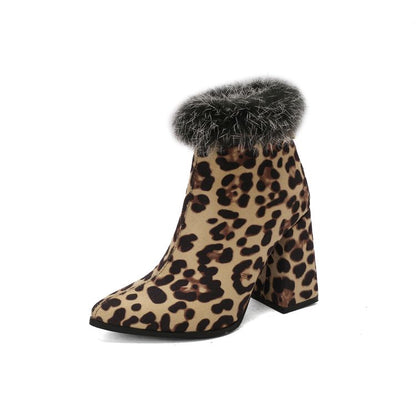 Women's Leopard Print Pointed Toe Block Heel Short Boots