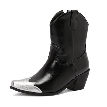 Women's Glossy Bling Pointed Toe Block Heel Short Western Boots