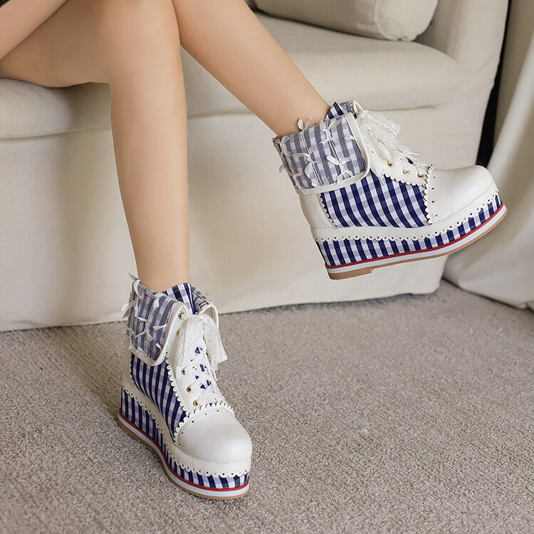 Women's Patchwork Lace-Up Round Toe Wedge Platform Short Boots