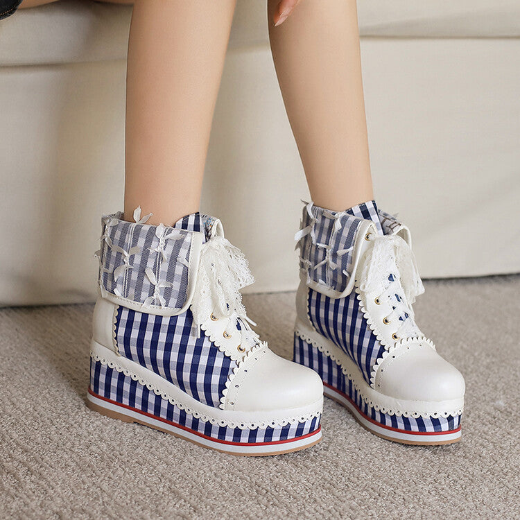 Women's Patchwork Lace-Up Round Toe Wedge Platform Short Boots