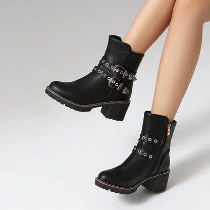 Women's Metal Decor Round Toe Square Heel Platform Short Boots