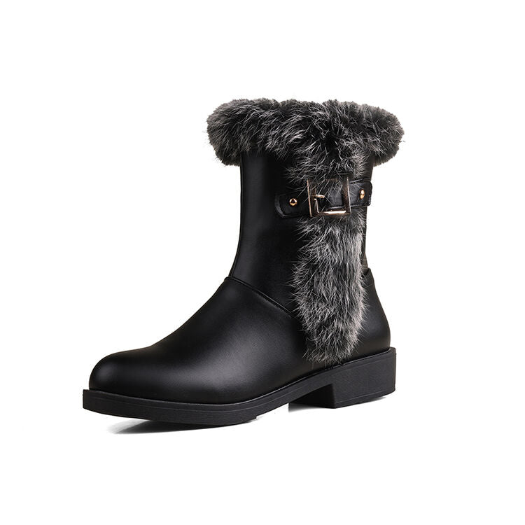 Women's Plush Faux Fur Buckle Strap Platform Short Boots