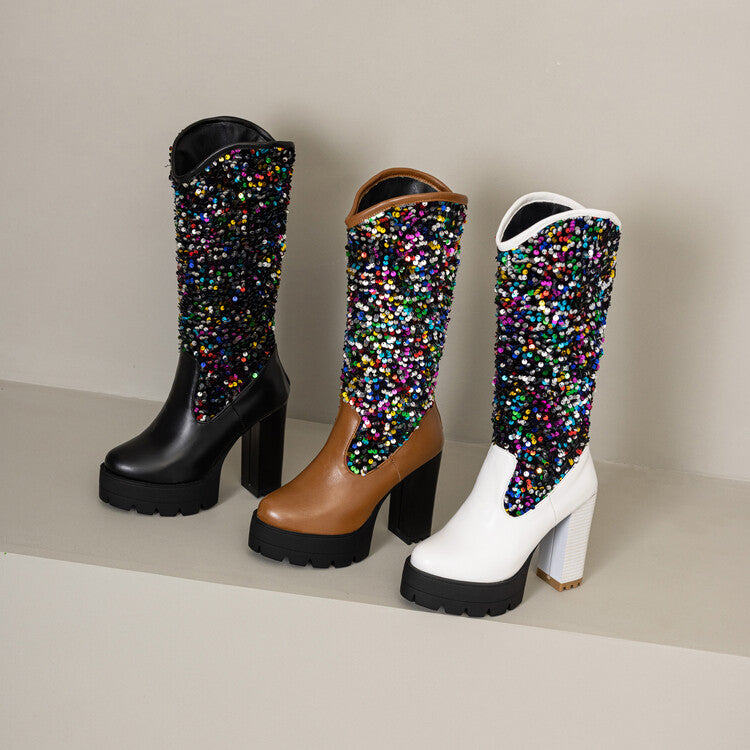 Women's Plush Dots Sequins Platform High Heel Mid Calf Boots