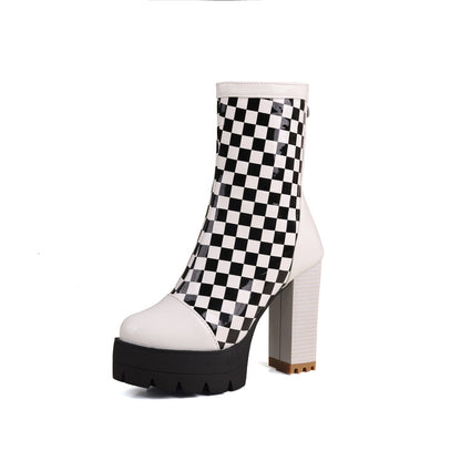 Women's Plush Plaid Round Toe High Heel Platform Short Boots