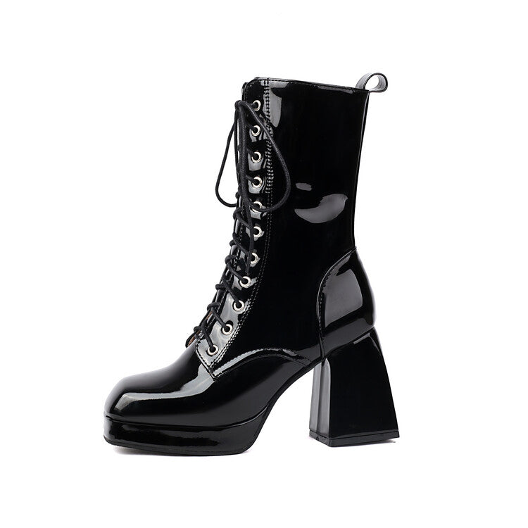 Women's Glossy Lace-Up Square Toe Block Heel Platform Short Boots