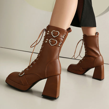 Women's Love Heart Buckle Square Toe Block Heel Platform Short Boots