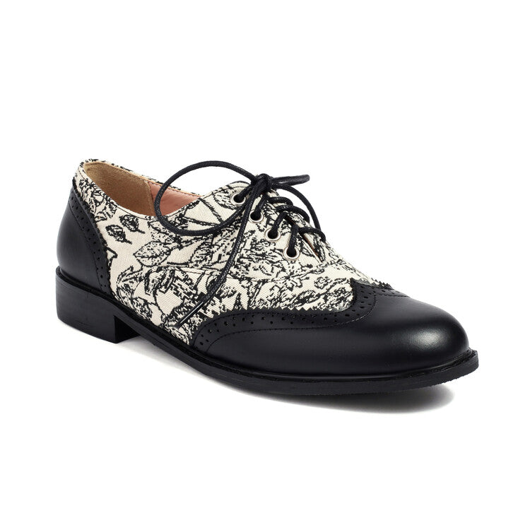 Women's Printed Lace-Up Round Toe Low Heel Oxfords Brogues Shoes