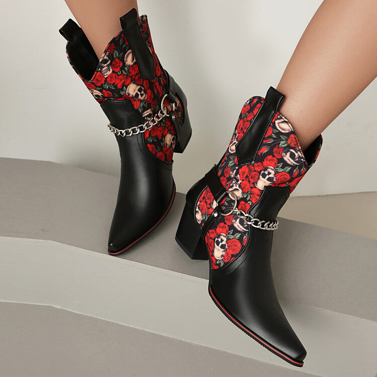 Women's Flowers Chains Pointed Toe Block Heel Short Western Boots