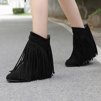 Women's Tassel Round Toe Wedge Heel Short Boots