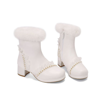 Women's Beads Round Toe Block Heel Platform Short Boots