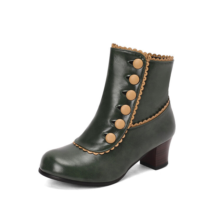 Women's Patchwork Rivets Round Toe Block Heel Ankle Boots