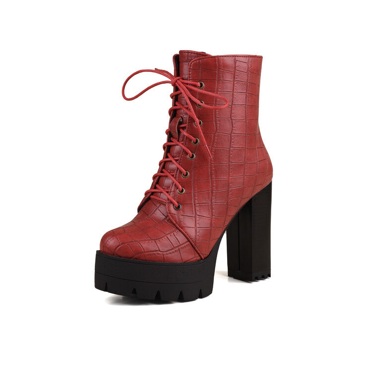 Women's Plush Lace-Up High Heel Platform Short Boots